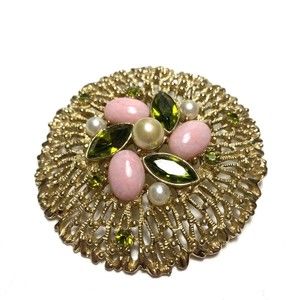 Sarah Coventry Brooch Fashion Splendor Green Pink Gold Tone 70s Statement Pin